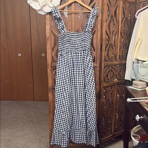 Max Studio Navy and White Gingham Smocked Maxi Dress